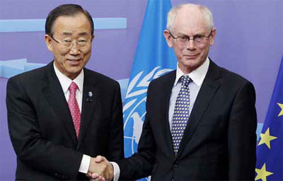 Генеральный секретарь ООН Пан Ги Мун и Генеральный секретарь Европейского союза Герман ван Ромпей