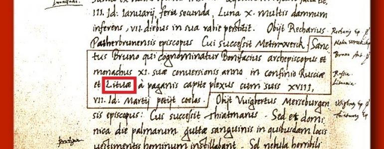 Факсимиле текста Кведлинбургских анналов, где под датой 1009 год впервые упоминается слова «Lituaе»