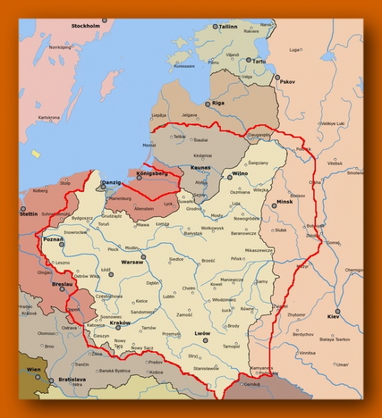 Карта территориальных притязаний поляков согласно концепции руководителя Национал-демократической партии Польши Романа Дмовского (1864-1939 гг.)