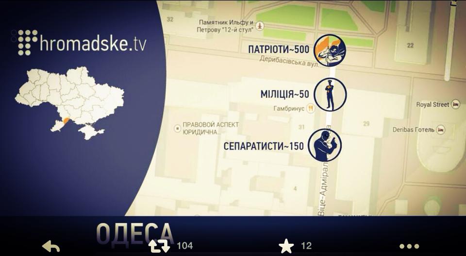 Как видят ситуацию в Одессе бандеровские СМИ с Хробацького ТВ. Тем не менее, хорошо нарисовали карту.