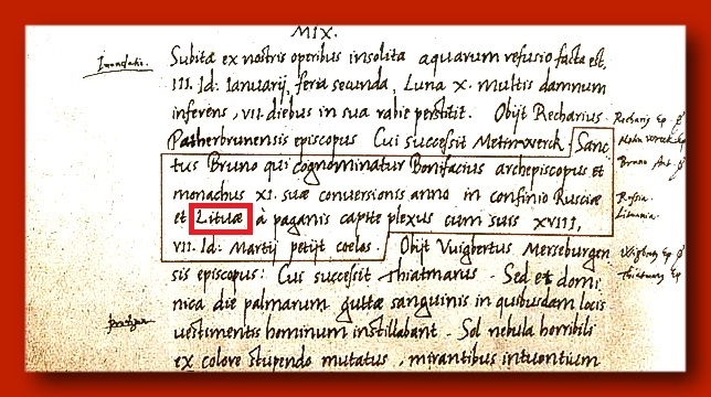 Факсимиле текста Кведлинбургских анналов, где под датой 1009 год впервые упоминается слова «Lituaе»