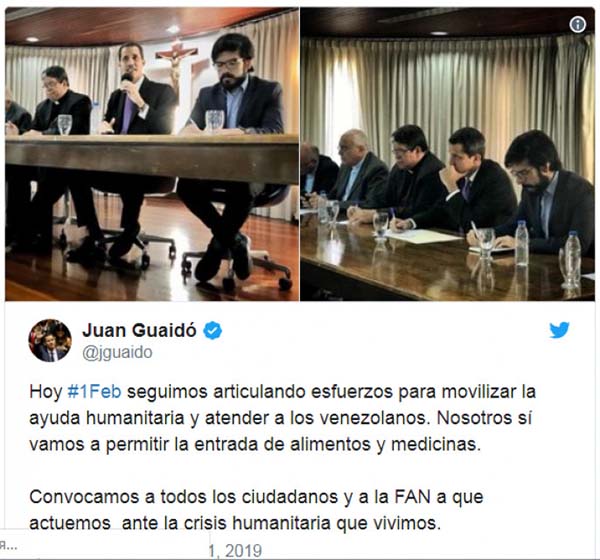 Скриншот Twitter, Речь Гуайдо: «Сегодня, 1 февраля, мы продолжаем координировать усилия по мобилизации гуманитарной помощи и помощи венесуэльцам. Мы будем разрешать ввоз продуктов питания и лекарств
